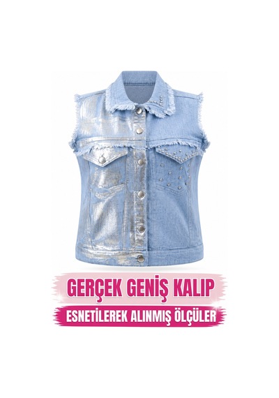 Büyük Beden Denim Yakalı Düğmeli Parlak Taşlı Kolsuz Eskitme Detaylı Kadın Yelek Mavi
