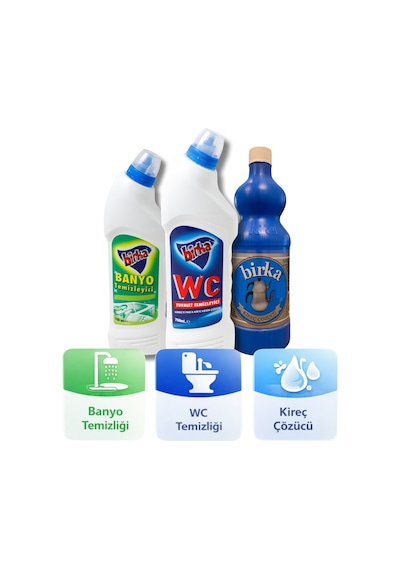 Birka 3 Lü Temizlik Seti Wc Tuvalet 750 Ml + Banyo Temizleyici 750 Ml + Kireç Çözücü 1 Kg 3'lü Set