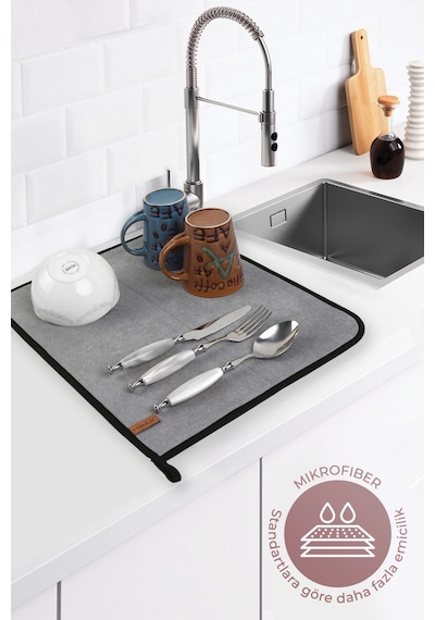 Microfiber Bulaşık Kurutma Matı 46x36 cm Kurulama Bezi Kurutma Örtüsü Tezgah Üstü Gri