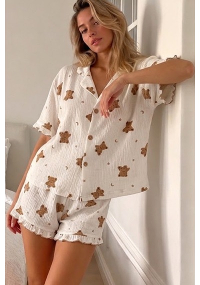 Kadın Viskon Kısa Kol Regular Kar Beyaz Pijama Takımı