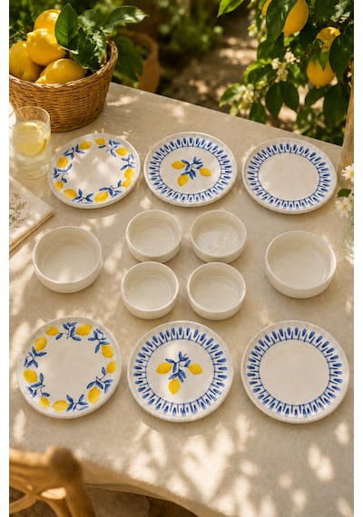 Mavi Limon 12 Parça 6 Kişilik Handmade Stackable Seramik Tabak Seti Premium Sunum & Kahvaltı Takımı Beyaz