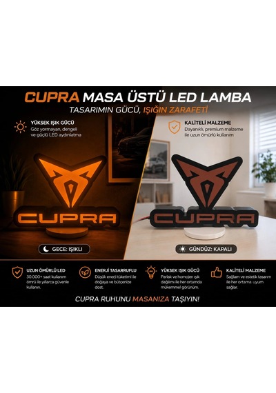 Cupra Masa Lambası , Cupra Logolu Led Işıklı Masa Lambası , Cupra Gündüz Gece Masa Lambası Siyah