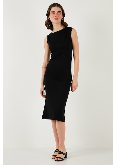 Lela Slim Fit Bisiklet Yaka Kolsuz Midi Boy Bayan Elbise 5866251 Siyah