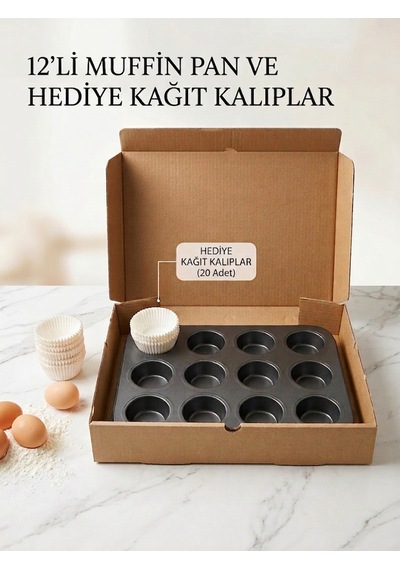 Metal Yapışmaz Muffin Kek Kalıbı 12 Bölmeli Kağıt Kek Kalıbı Hediyeli Antrasit - Gri