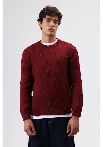 Vamos Oversize Desenli Triko Kazak Bordo