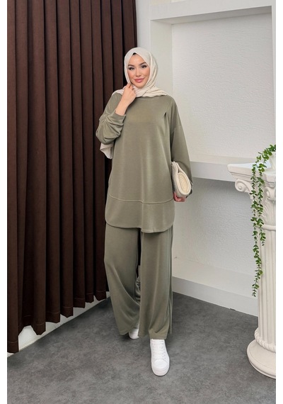 Mihran Butik Kalina Model İthal Pike Kumaş Cep Detaylı Kadın Takım Haki