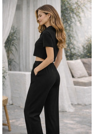 Mekaizen Kadın Fitilli Kumaş Polo Yaka Crop Üst & Bol Paça Pantolon Siyah Takım Siyah