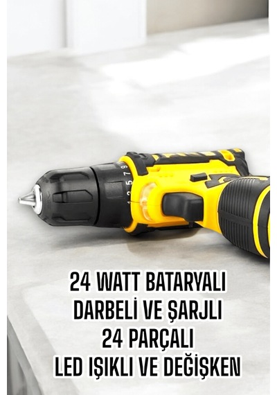 Mey İthalat Çift Bataryalı Metal Dişli Darbeli Şarjlı Matkap Seti 24w Güç Ve 24 Parça Aksesuar