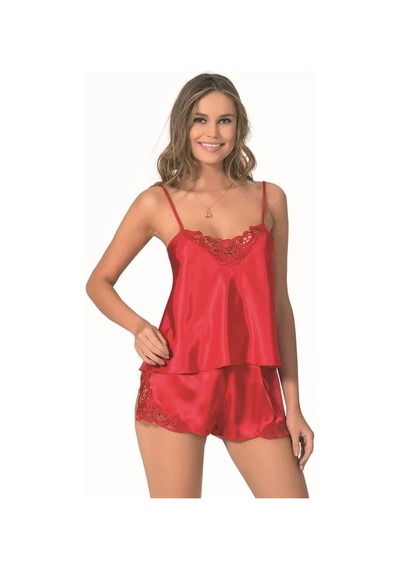 Veraura Lifestyle Kadın Şık Tasarım Yumuşak Dokulu Dantel İşlemeli Kırmızı Saten Babydoll Şort Takımı
