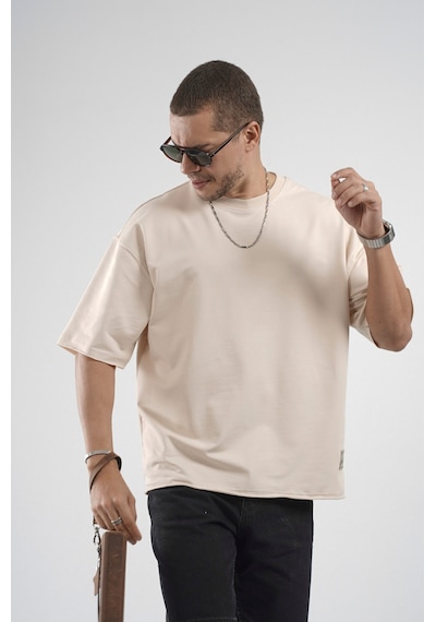 Oversize Kalıp Likralı Basic Tişört Bej