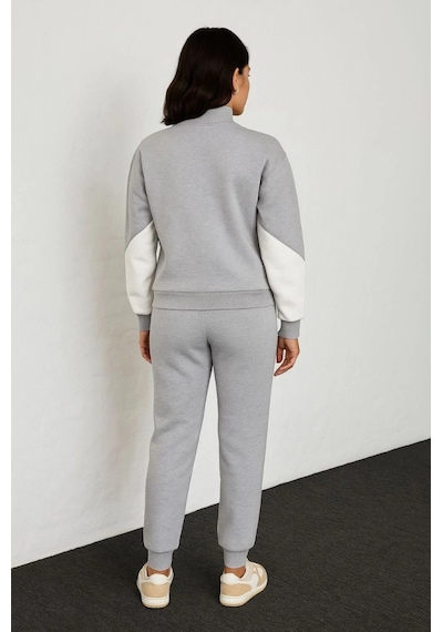 Premium Parçalı Eşofman Takım - Dik Yaka Fermuarlı Sweatshirt - Gri Gri