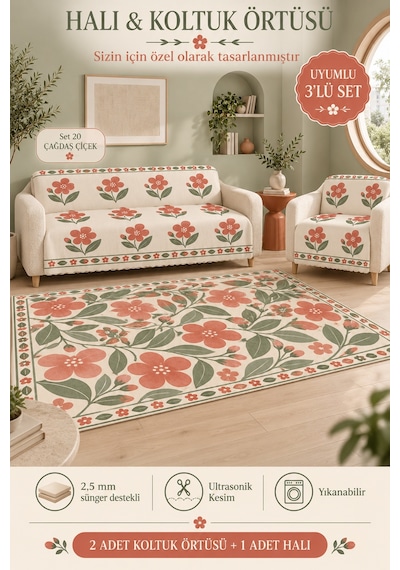 3 Lü Set 2 Adet 165x215 Cm Koltuk Örtüsü + 1 Adet 6m2 180x280 Cm Kaymaz Taban Dijital Baskılı Halı Kırmızı