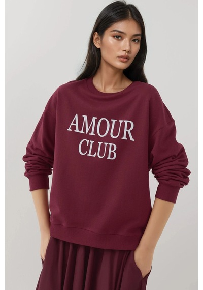 Hiccup Baskılı Yuvarlak Yaka Rahat Kesim Sweatshirt Tuğla Kırmızısı