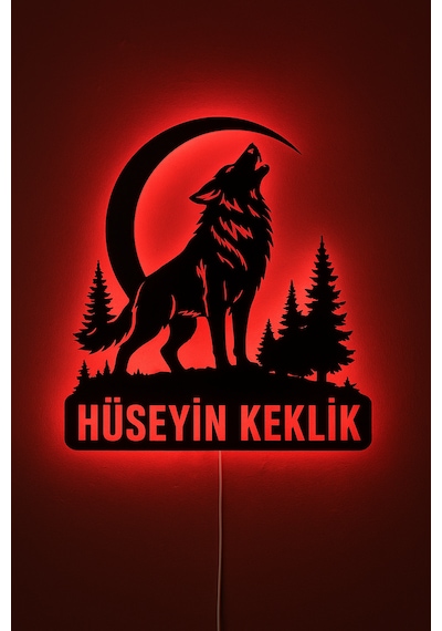 Kişiye Özel Led Işıklı Ahşap Kurt Hilal Duvar Dekoru Ebat-40Cm