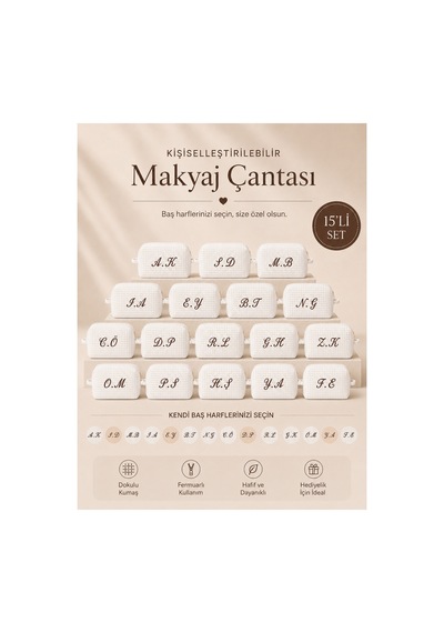 Beyaz Kişiye Özel Harf Nakışlı 15'li Pamuklu Hediyelik Kadın Makyaj Kozmetik Ve Seyahat Çantası Seti Beyaz - 903947814