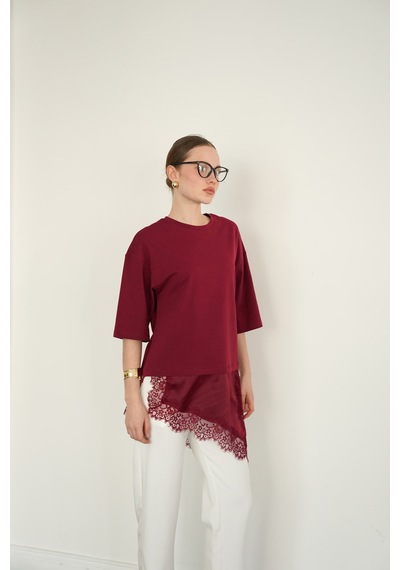 Verymoda Dantel Ve Saten Detaylı Asimetrik Tişört D2942 Bordo
