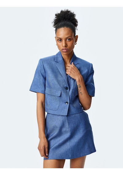 Koton Slim Fit Cepli Düğmeli Kruvaze Kısa Kollu Crop Ceket Indıgo 5sak50075uw Indıgo