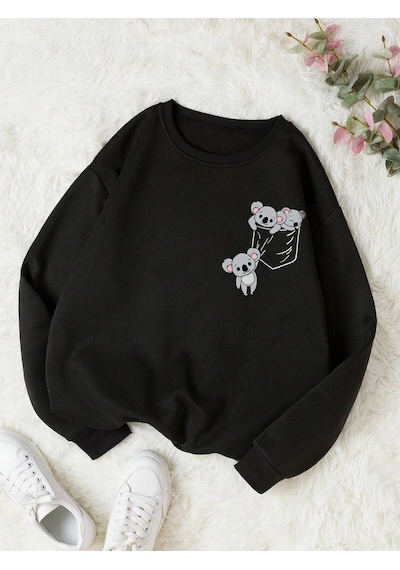 Startmore Coke Serisi Koala Print Thermal Lined Sweatshirt Siyah