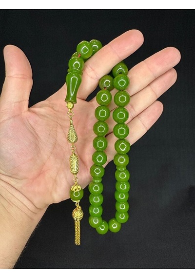 Sevgiliye Özel Hediye Sıkma Çubuk Kehribar Tesbih Açık Yeşil Renk Küre Kesim 13,5 Mm H-1601.