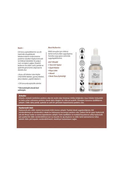 Rimu Health Products Leke Karşıtı Cilt Tonu Eşitleyici ve Aydınlatıcı Arbutin Serum 30 ML
