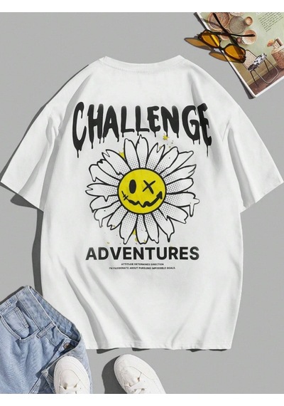 Kadın Beyaz Papatya Baskılı Bisiklet Yaka T-shirt 001