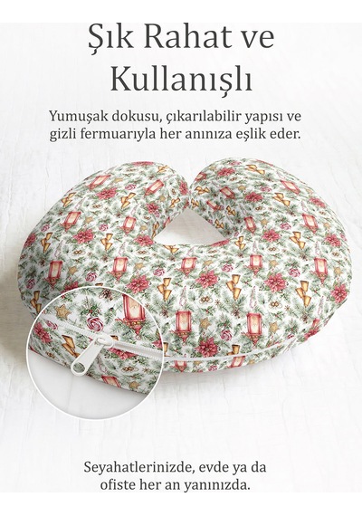 Yılbaşı Motifli Boyun Yastığı - Çam Ağacı Kırmızı Yeşil Yetişkin Seyahat Yastığı Açık Gün Doğumu Elma Yeşili