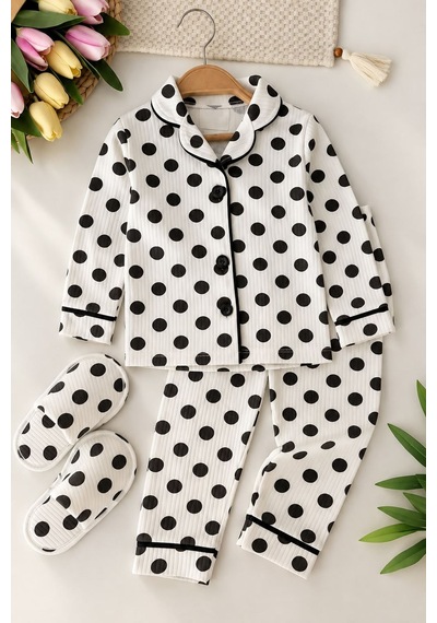 Minigimin Cicileri Puantiye Desenli Terlikli Kız Çocuk 3 Lü Pijama Takımı - Beyaz