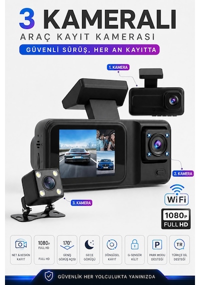 SN-38 Wİ-Fİ 3 Kameralı Araç Içi Kamera Full Hd 1080P Ön Arka Iç Kamera Ir Gece Görüşü G-Sensör Dashcam