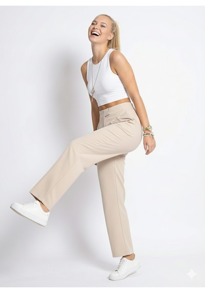 Ribana Classic Beli Cırtcırtlı Likralı Krep Pantolon Bej