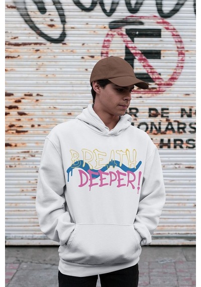 Breath Deeper Yazılı Unisex Oversize Tasarım Hoodie Beyaz