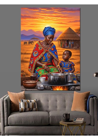 Ahşap Tablo Afrikalı Kadın Yemek Yapıyor