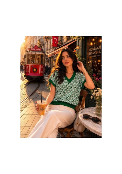 Hira Life Fashion Sfg Life Moda Kadın V Yaka Kare Desenli Şık Süveter Yeşil Yeşil