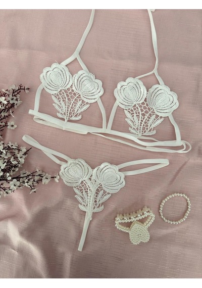 Mh Moony Homewears Çiçekli Beyaz İpli Bralet Takımı Beyaz