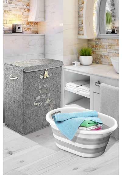 2 Adet Banyo Seti - Keçe Kapaklı Kirli Çamaşır Sepeti - Katlanabilir Akordiyon Çamaşır Sepeti