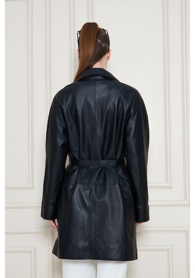 M M Marki Marki Kadın Hakiki Deri Trençkot Siyah, V Yaka, Kuşaklı, Düğme Kapamalı, Oversize, 90 Cm - 117122