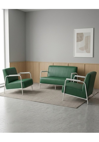Atlas 2+1+1 Deri Ofis Büro Modern Bekleme Koltuk Takımı Beyaz Metal İskelet - Yeşil
