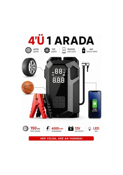 Akıllı Oto Akü Takviye Cihazı, 16000mah, 12v Dizel/benzinli Araçlar İçin, Hava Kompresörü, Powerbank Siyah Siyah