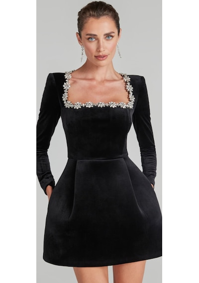 Hanife Glam Couture Hanife Glam Kare Yaka Taşlı Mini Kadife Elbise Siyah