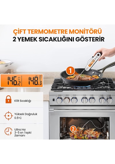 ThermoPro TP610 Su Geçirmez, Dijital ve Işıklı Çift Problu Katlanabilir Profesyonel Gıda Termometre