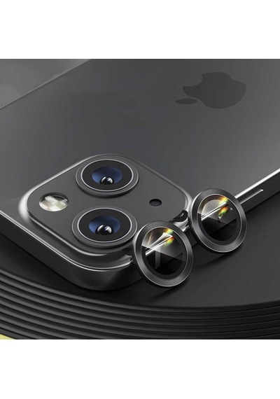 Apple İphone 13 Mini Kamera Koruyucu Lens Mercek Metal Çerçeveli 2li Set Siyah Black