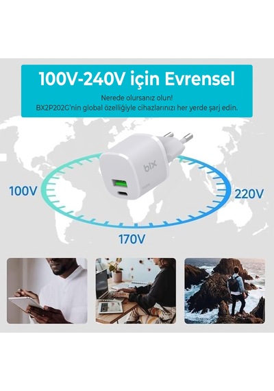 Bix Bx2p20g Gan 20w Type-c Ve Usb-a Mini Hızlı Şarj Cihazı Beyaz