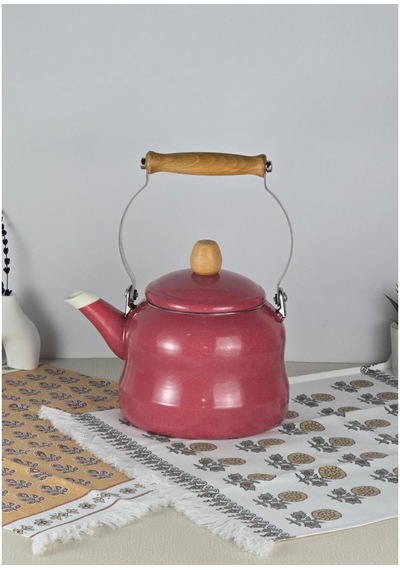 Alev Vintage Demlik Ahşap Saplı Emaye Kettle 2,5lt Kırmızı