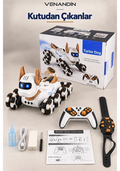 Venandin Turbo Dog Uzaktan Kumandalı Akrobatik Robot Köpek - 8 Tekerlekli, Bileklik Kontrollü, Işıklı Şarjlı Akıllı Oyuncak