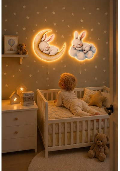Ahşap 2 Li Tavşan Duvar Lambası Seti Yıldız Hediyeli Pilli Led Gece Lambası Bebek Ve Çocuk Odası Çok Renkli