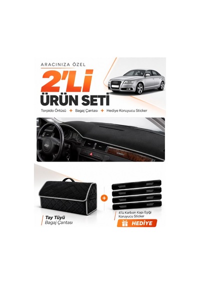 Audı A6 1997-2004 Uyumlu Torpido Örtüsü + Tay Tüyü Bagaj Çantası + Sticker Seti - Siyah Gri