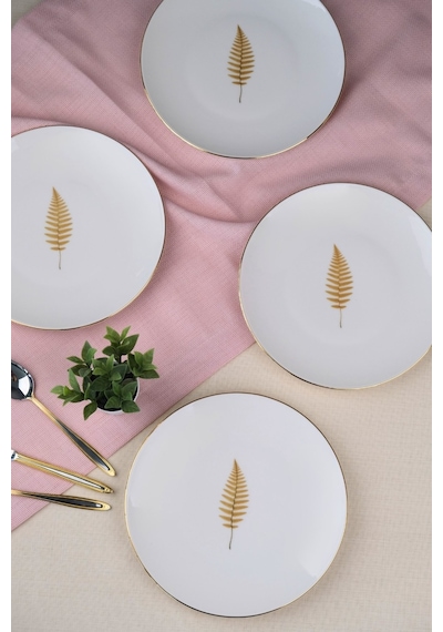 Tabak Evi Porselen Natura Fern Altın Yaldız Pasta Tabağı 20,50cm 4 Lü Çok Renkli