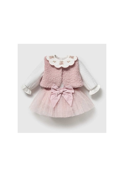 Ministok Lily Pink Yakası Nakış Detaylı Gömlek Şort Yelekten Oluşan 3'lü K Pembe