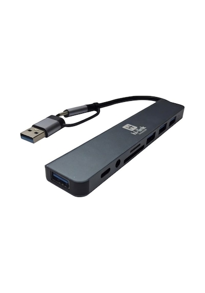 8-in-2 Hub Usb 3.0 &amp Type-c Hibrit Girişli Sd Kart Okuyucu Ses Çıkışlı Adaptör Tüm Cihazlarla Uyumlu