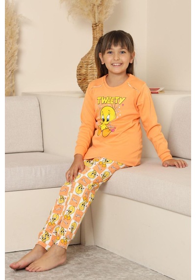 Miniğimin Cicileri Sevimli Civciv Baskılı Kız Çocuk Pijama Ta... Turuncu