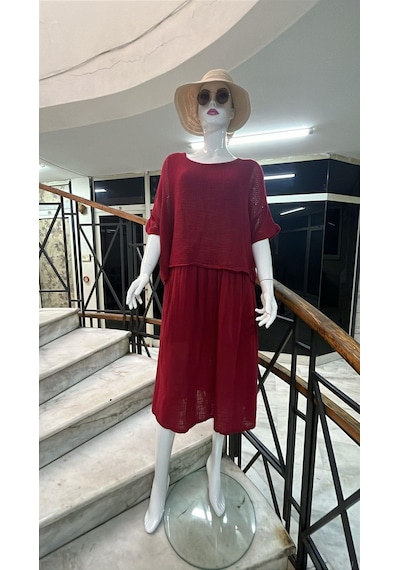Eren Style İtalyan Müslin Keteni Üstü File Bluzlu Astarlı Tek Parça Elbise-9256 Bordo